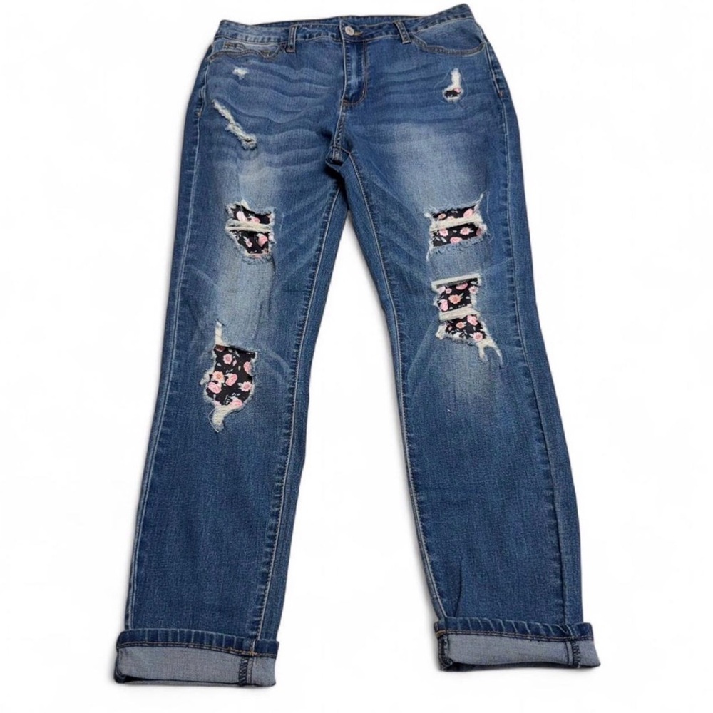 3/$20 Distressed Floral Patch Denim Skinny Jeans Women Large Casual Spring Beach
